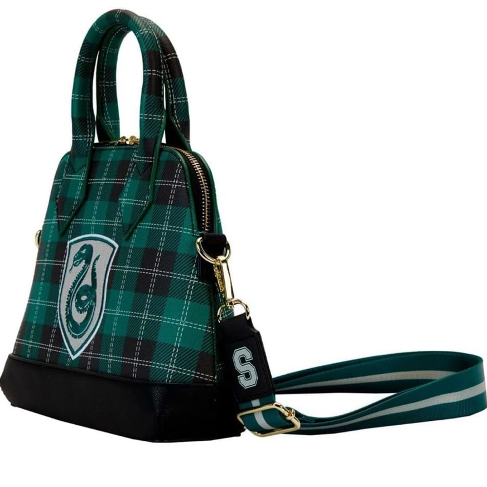 NWTS Loungefly Harry Potter Slytherin Patch Varsity Plaid Crossbody Bag, Multi - Picture 5 of 12